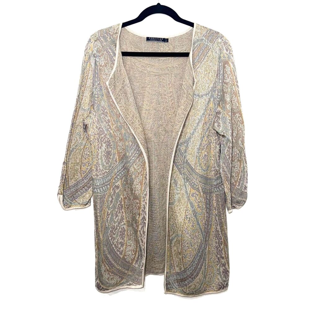 Peruvian Connection Printed Neutral Colors Pima Cotton Cardigan - L